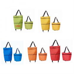 A variety of folding totes with wheels.