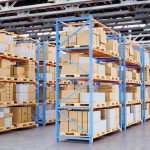 Warehouse with cardboard boxes inside on pallets racks, logistic center. Huge, large modern warehouse. Warehouse filled with cardboard boxes on shelves, boxes stand on pallets, 3D Illustration