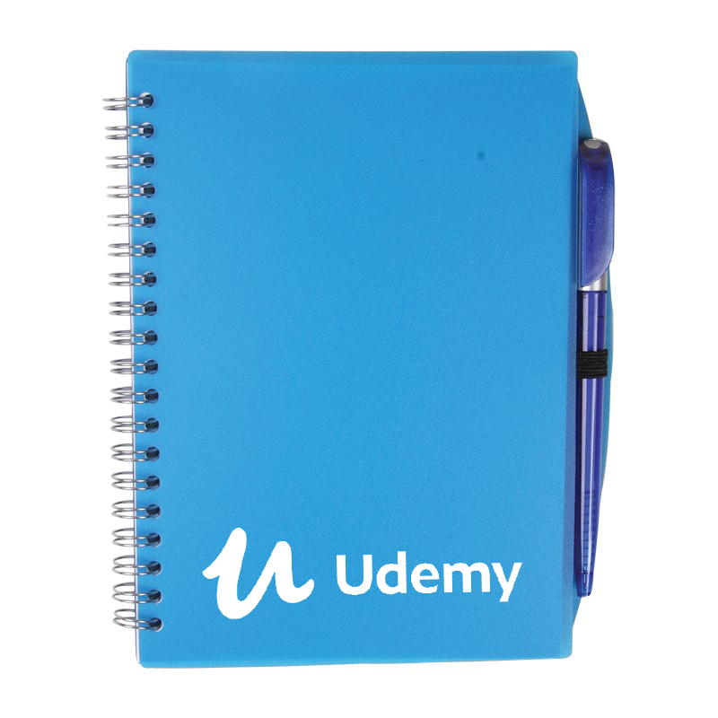 A blue notepad with the Udemy logo on it by Promosuns in NYC.