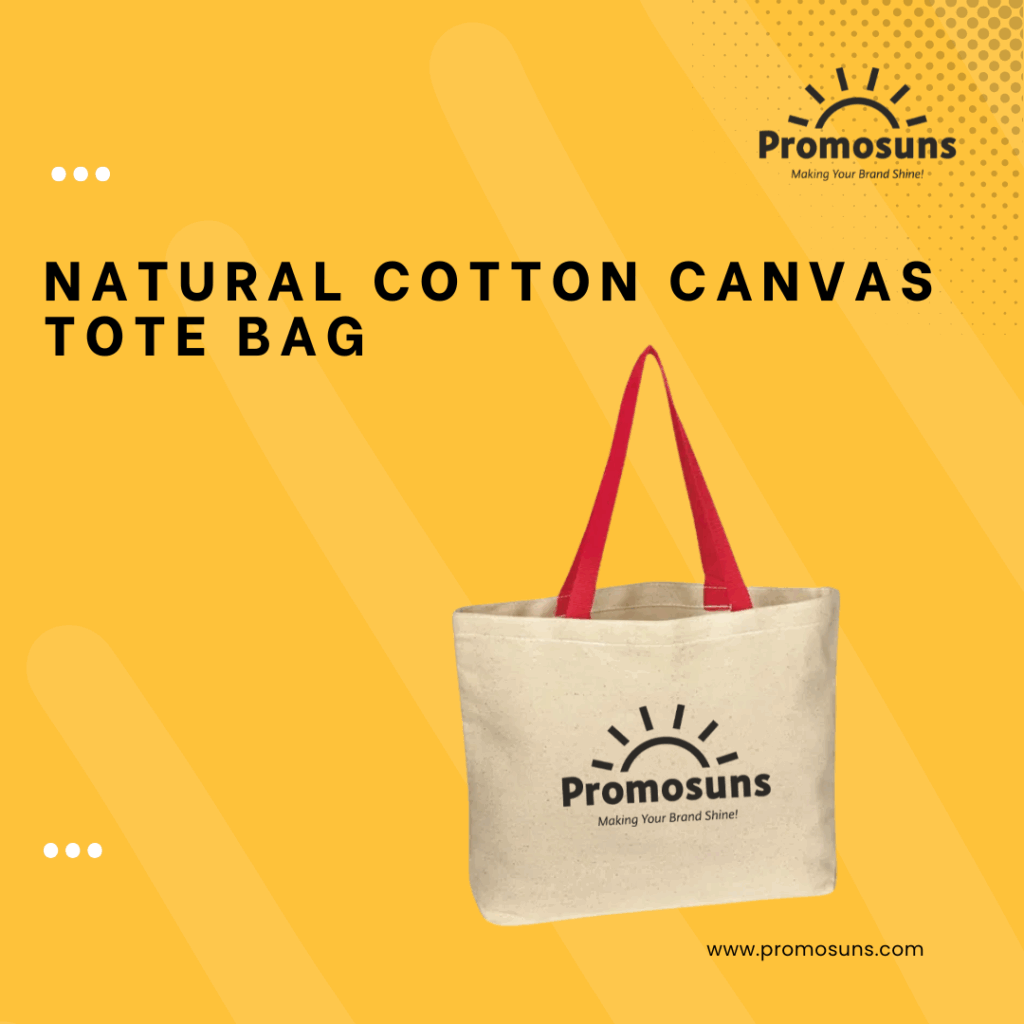 A natural cotton canvas tote bag with Promosuns logo on it.